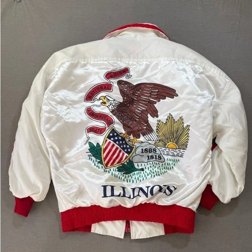 Kim Baker Design Illinois Eagle Bomber Jacket White Red‎ USA Made Size XS 80s